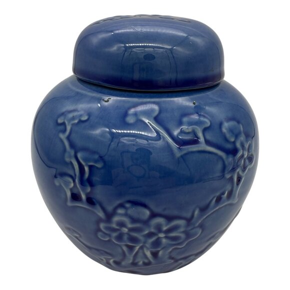 Metlox Blue Cherry Blossom Jar w/ Lid Embossed Floral Vase California Pottery - Picture 3 of 10